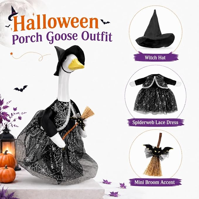 Halloween Porch Goose Outfits for 23'' Lawn Geese Statue, Witch Porch Goose Clothes with Black Spiderweb Dress Witch Hat Broom, Outdoor Garden Goose Costume Accessories for Halloween Patio Yard Decor