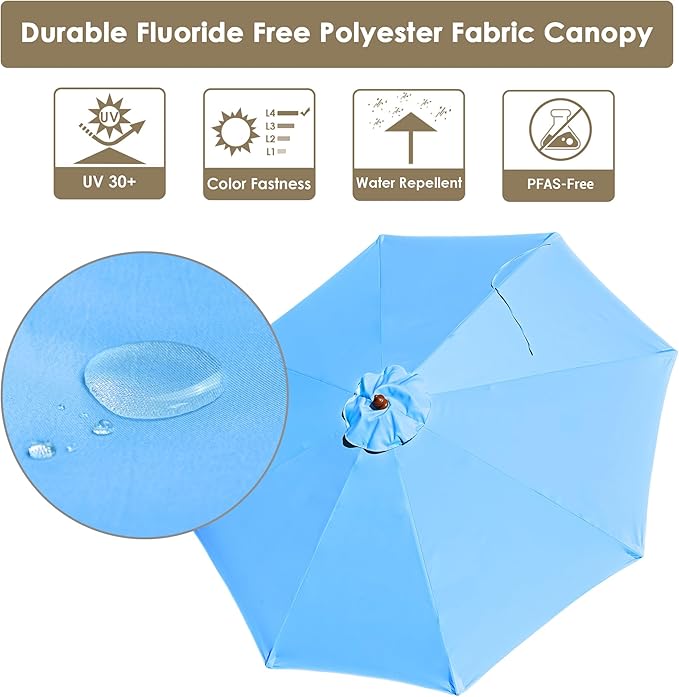 9 Ft Wooden Patio Umbrella 8 Ribs Table Parasol Rope Pulley Outdoor Garden Yard