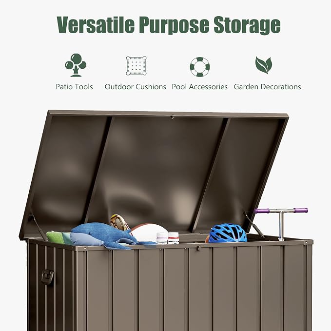 Domi Outdoor Storage Deck Box 120 Gallon, Waterproof Lockable Steel Outdoor Storage Container for Outside Cushions, Garden Tools and Pools Equipment, (Brown)