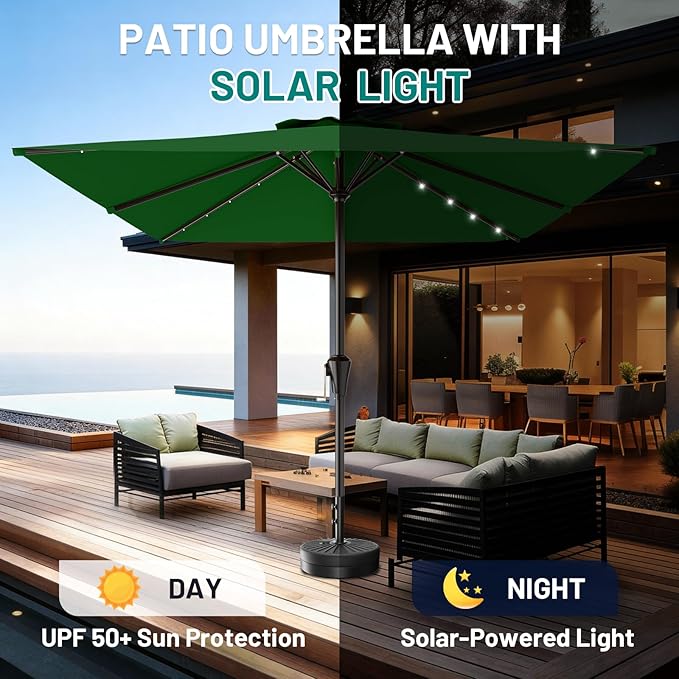 AreShark 8' X 10' Rectangular Patio Umbrella with Solar Lights, Lighted Solar Umbrella with Crank, Outdoor Table Umbrella for Garden, Deck, Backyard, Pool and Beach, Dark Green