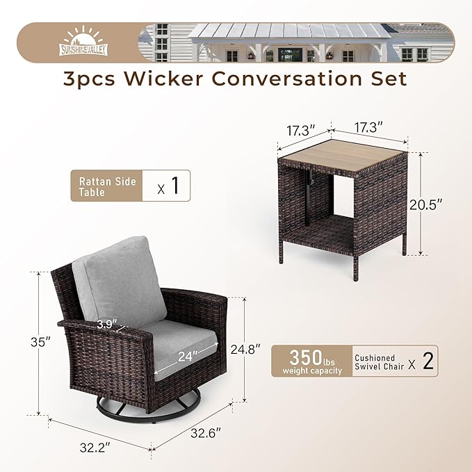 Patio Wicker Swivel Chairs Set of 2, Outdoor High Back Chairs with 5.5" Waterproof Cushions and Side Table, Outdoor Furniture Set for Deck Porch and Yard, Light Grey