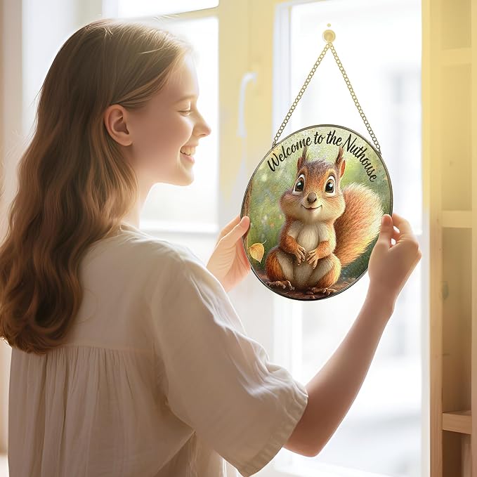 Stained Glass Window Hanging 8" Welcome to the Nuthouse Squirrel Sun Catchers, Stained Glass Suncatcher Decor for Christmas, Birthday, Housewarming, Gift for Squirrel Lover Friend Coworker Neighbor