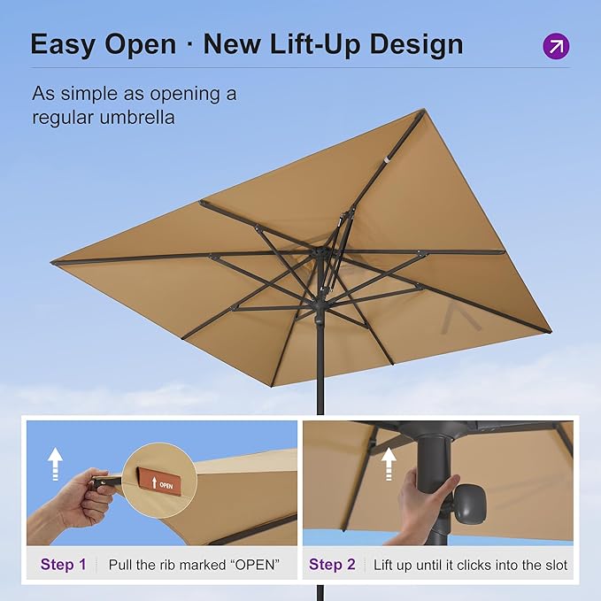 PURPLE LEAF 8' x 8' Square Semi-Auto Outdoor Patio Umbrella Aluminium Market Umbrella Table Sun Umbrella with 1.89" Rod and 8 Sturdy Ribs for Deck Lawn Pool Garden, Beige