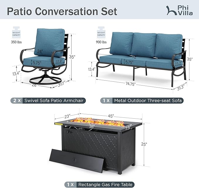 PHI VILLA 4 Piece Patio Furniture with FirePit Table, Metal Outdoor Furniture Set with 3-Seat Wide Deep Seating Bench & 2 x Swivel Sofa Chairs, Outdoor Conversation Set for 5, Navy Blue