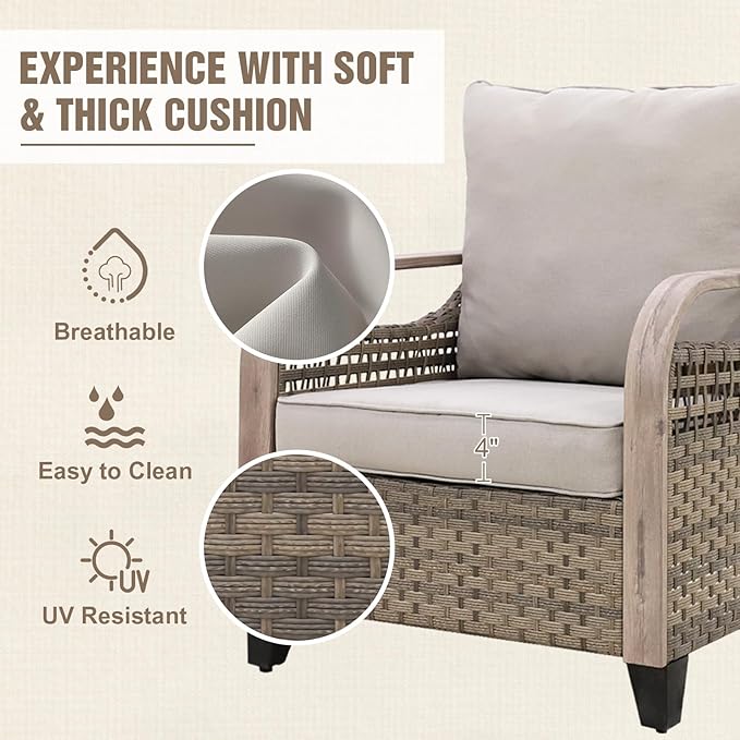 Modern Wicker Patio Furniture Set, Rattan Outdoor Conversation Set with Comfortable Cushions, 2 Patio Chairs, 2 Seat Loveseat, Coffee Table and Side Table, 5 Pieces, Brown/Gray