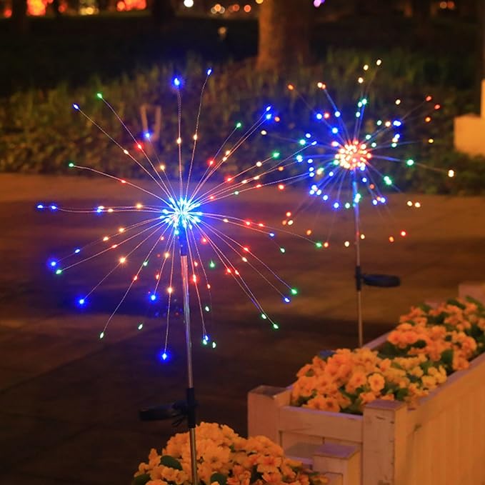 Solar Garden Firework Lights Outdoor Waterproof, 2 Pack 200 LED 8 Lighting Modes Sparklers Solar Twinkling Starburst Lights for Yard Flowerbed Pathway Fence Decorations, Multicolor, Copper Wire
