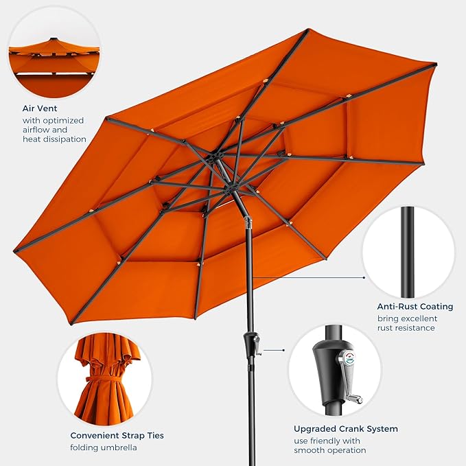 HOMSHADE 9FT 3-Tiers Outdoor Patio Umbrella with 5-Year Fade Resistant,Vented Outdoor Commercial Market Umbrella with UPF50+ UV Protection & Push Button Tilt and Crank for Pool,Backyard(Orange)