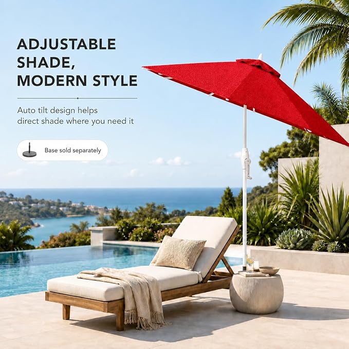 Treasure Garden 9ft Patio Umbrella - Outdoor Furniture Market Umbrella – Deluxe Auto-Tilt – White Aluminum Frame (Sunbrella, Jockey Red)