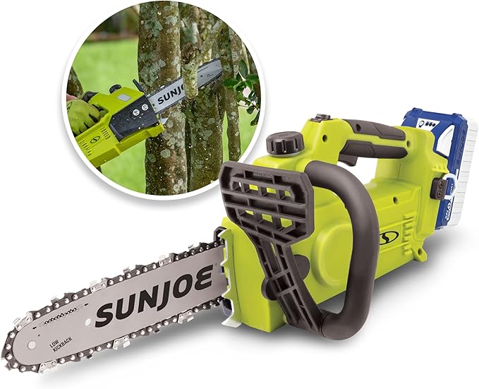 Sun Joe Cordless Chain Saw Machine, Battery and Charger, Wood Cutting Tool Kit, 10 Inch, 600W Motor - Heavy-Duty Trimming Equipment for Tree Trunks, Limbs, Logs, Brush, and Branches, 24V-10CS