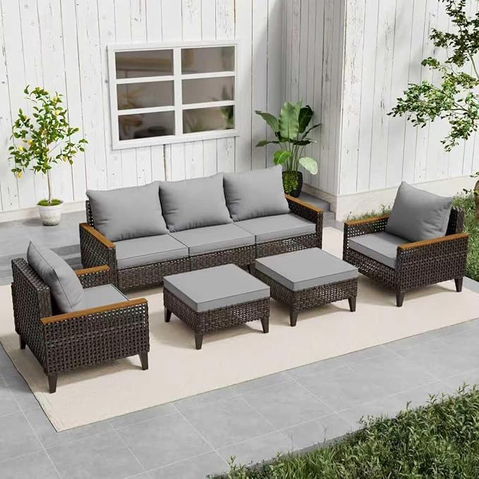 7 Piece Patio Sectional Sofa Furniture Set, All-Weather Wicker Rattan Outdoor Conversation Set with High Back and Thick Cushions, for Garden, Porch, Poolside, Gray
