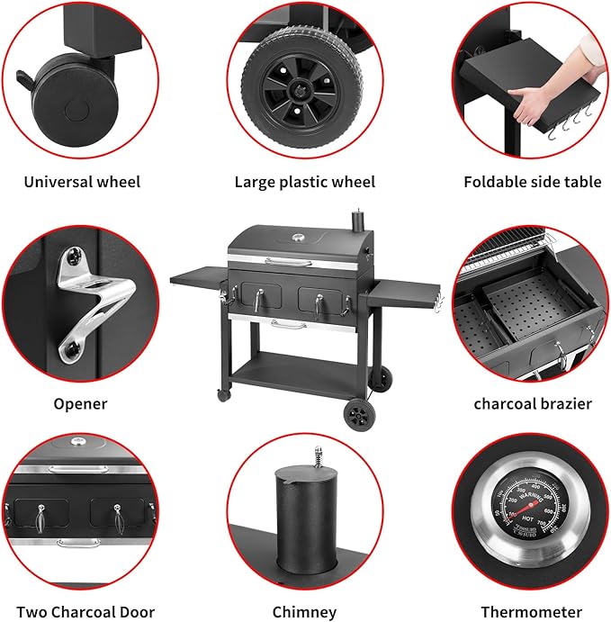 Charcoal Grill Outdoor BBQ Grill, Extra Large Cooking Area 794 Square Inches with Two Individual & Adjustable Charcoal Tray, Foldable Side Tables for Outdoor Cooking Backyard Camping Picnics By DNKMOR