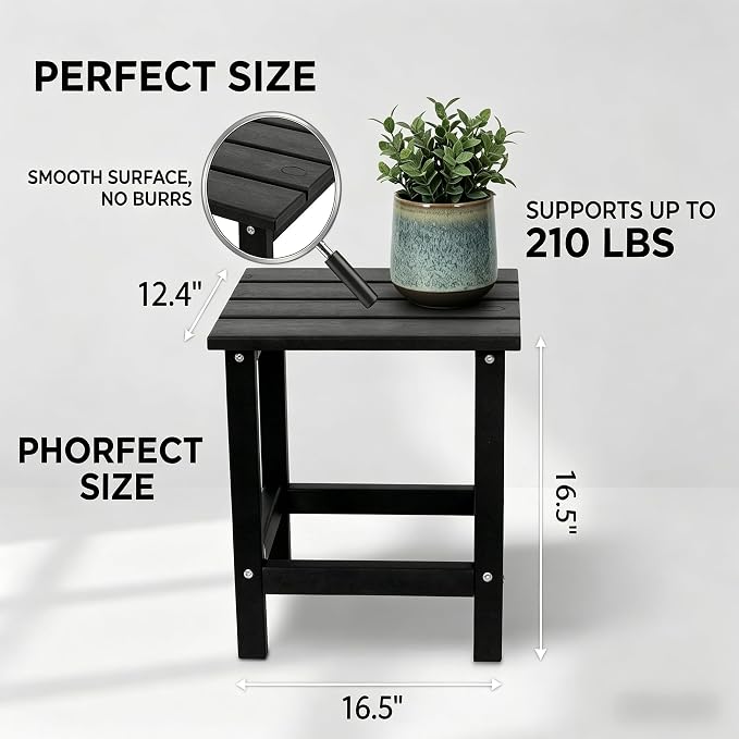 AMILY HDPE Outdoor Side Table, Weather Resistant Patio End Table, Heavy Duty Rectangle Side Table for Garden, Balcony, Poolside, Easy Assembly (Black)