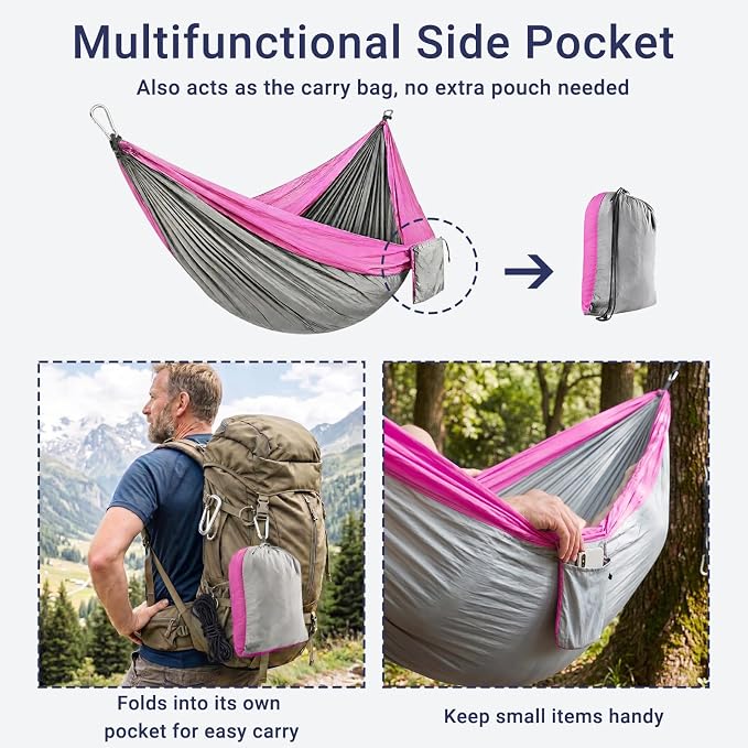Camping Hammocks, Portable Lightweight Parachute with Tree Straps, Single or Double Hammock Without Stand, Nylon Camping Gear for Outdoor Beach Backpacking Hiking, Camping Essentials(Pink & Gray)