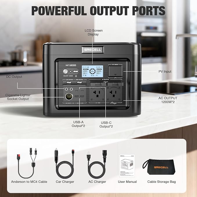 GRECELL 1200W Portable Power Statio with 200W Portable Solar Panel 23.5% High Efficiency Solar Panel, 672Wh LiFePO4 Battery Solar Generator with 9 Output Ports for Outdoor Camping, RV, Travel