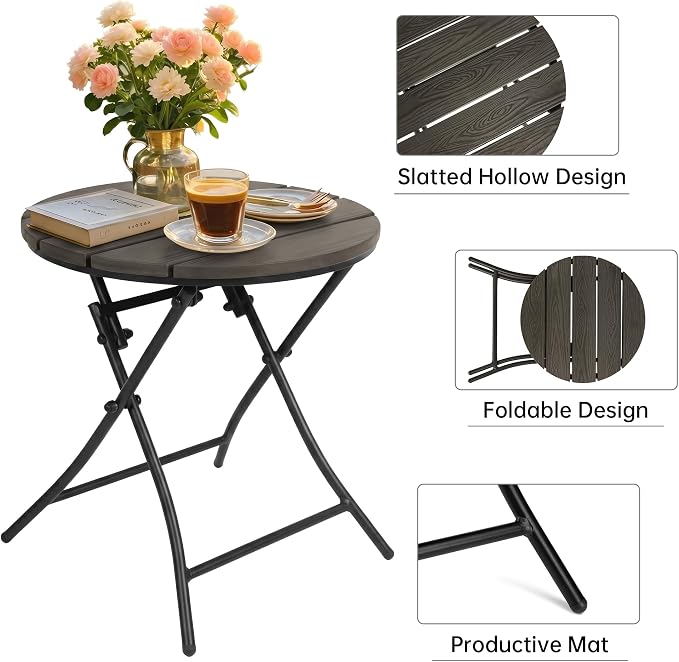TeoKJ Folding Black Small Outdoor Side Tables, HDPS Patio Table with Metal Legs, Outdoor Small Round Table for Garden,Deck, No Assembly Patio Table Round Nightstand for Porch Yard Balcony Deck Lawn