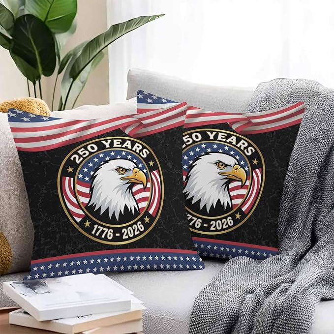 250 Year Anniversary Outdoor Waterproof Throw Pillow Covers 18x18 Set of 2, Independence Day Eagle USA Flag Decorative Pillowcases Cushion Pillowcase for Couch Sofa Patio Outside Pillow Protector