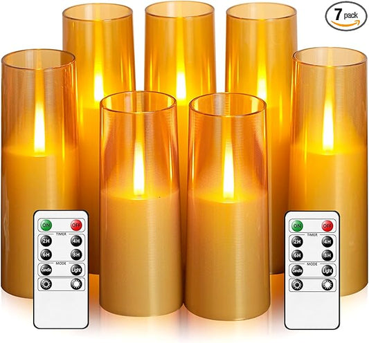 kakoya Flameless LED Candles Upgraded Realistic Flickering Flame,7Pcs Battery Operated Candles with Remote Timers,LED Pillar Candles for Home Decor,Christmas,and Parties（Gold）