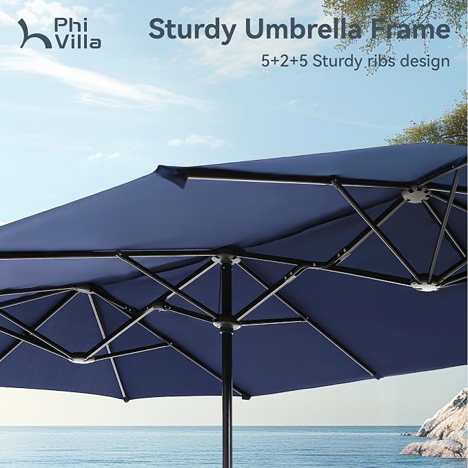 PHI VILLA 8 Pc Outdoor Dining Set with 13ft Umbrella, Swivel Mesh Chairs | 60'' wood-look rectangular table, 6 brown patio textilene chairs and 13ft navy blue umbrella(NO BASE) for deck, garden, yard