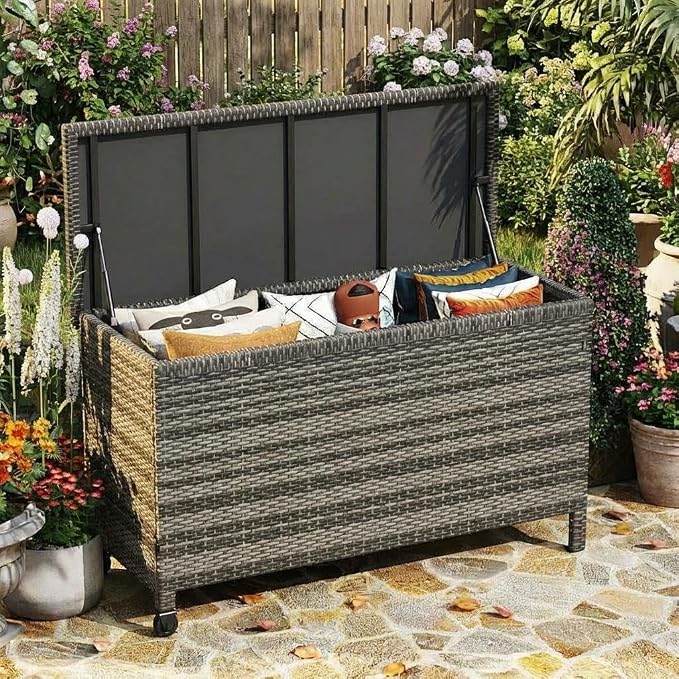 GarveeLife Outdoor Wicker Storage Box, PE Rattan Patio Storage Chest with Steel Frame, Weather-Resistant Deck Storage Box for Cushions, Garden Tools & Pool Accessories – Brown Wicker