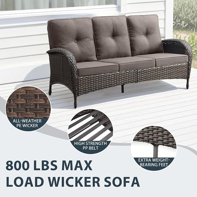 7 Piece Patio Furniture Set - Wicker Patio Conversation Set with Swivel Glider, Glider Loveseat, Tempered Glass Side Table and 2 Ottomans for Deck Backyard - Brown Wicker Grey Cushion