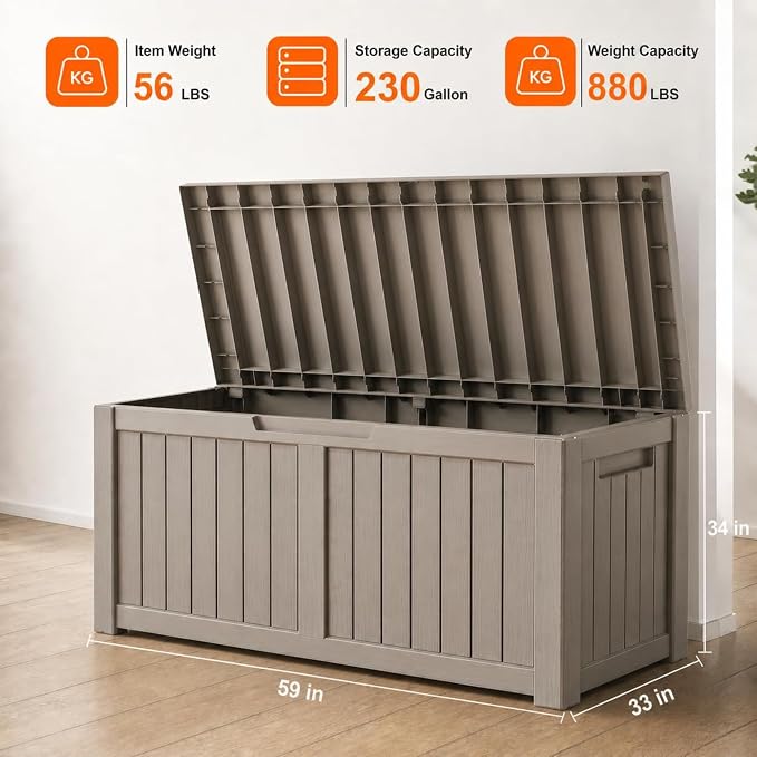 LAUSAINT HOME 230 Gallon Resin Deck Box, Package Delivery Box with Lockable Lid, Waterproof Outdoor Storage Box For Garden Tools, Patio Cushions(230 Gallon,Grey)