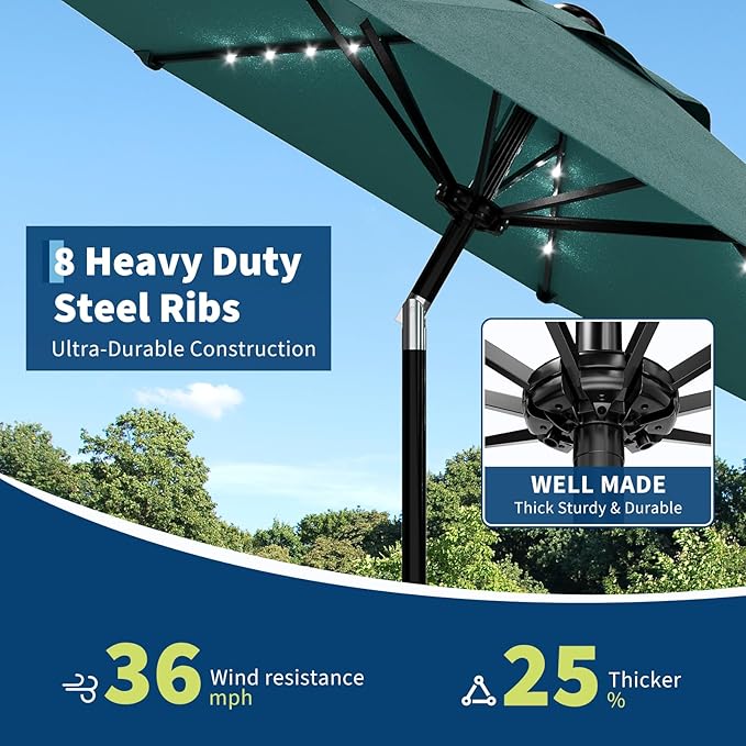 Garvee 9/10 FT Solar Patio Umbrella with 32 LED Lights - Outdoor Table Umbrella with Crank Lift, Push Button Tilt and 8 Sturdy Ribs - Market Umbrella UV Protection for Pool, Deck, Yard, Garden