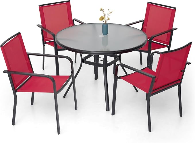 Anmutig 5-Piece Outdoor Patio Dining Set, 40-Inch Round Glass Table with 4 Stackable Chairs,Red