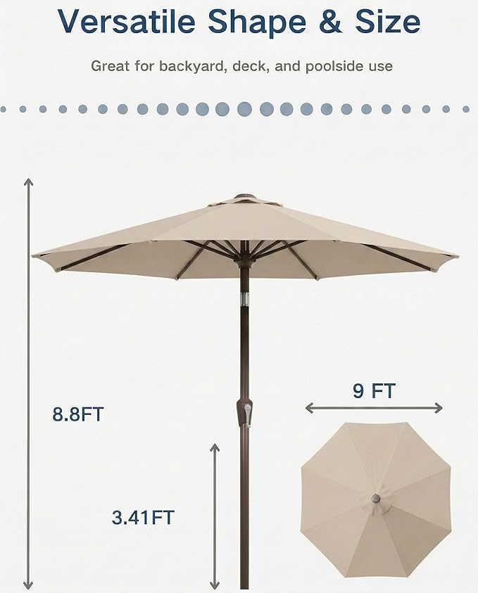 PatioKingdom Auto-Tilt 9FT Patio Umbrella Outdoor with 8 Sturdy Fiberglass Ribs,Market Table Umbrella for Pool,Backyard,Deck and Garden