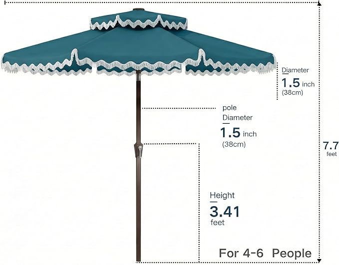 Patiokingdom 9FT Patio Umbrella with Fringe,Tassel Umbrella UPF 50+ & Push-Button Tilt,Rust-Resistant Fiberglass Frame for Pool,Garden,Backyard,Yard (Lake Blue)