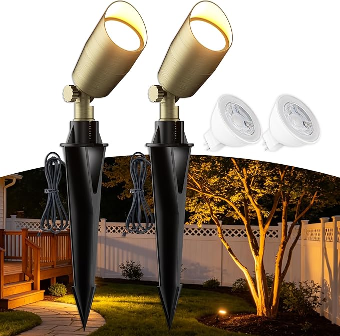 Low Voltage Brass Landscape Lights, Solid Outdoor Spotlights with Replaceable MR16 LED Bulb 5W, 2700K Warm White, 12V 24V Landscape Lighting, Waterproof Design for Garden, Yard, Patio