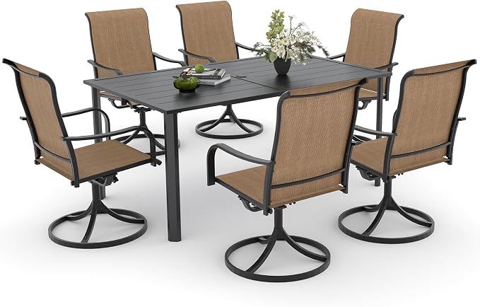 Anmutig 7-Piece Outdoor Patio Dining Set with 6 Swivel Chairs, Outdoor Furniture Steel Frame Slat Rectangular Table with 1.57" Umbrella Hole for Backyard, Brown