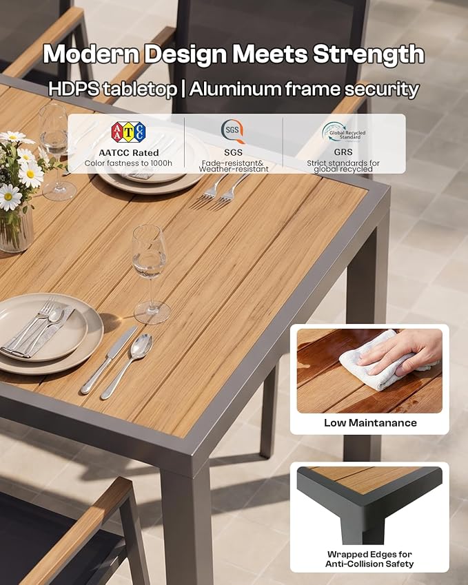 Outdoor Dining Table, Aluminum Patio Table Set, All Weather Patio Dining Furniture Set with Umbrella Hole for Backyard, Deck, Poolside (Gray-Teak)