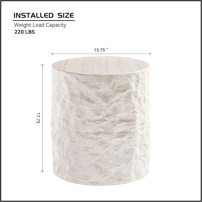 Round Side Table Faux Stone End Table for Living Room Modern Small Coffee Table for Small Space Apartment, No Assembly (Fiberglass-Travertine, 15.75'' x 17.72'')