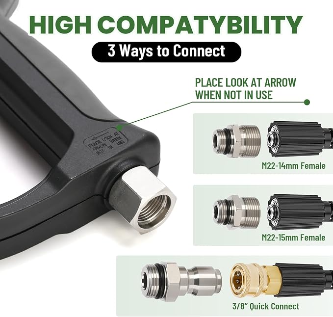 Pressure Washer Gun – 5000 PSI Stubby Power Washer Handle with Smooth 360°3/8" Swivel, 1/4" Quick Connector with M22-14mm/M22-15mm Adapters,Lightweight and Small,Easy to Use on Washing Car
