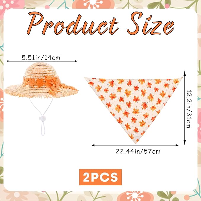 2Pcs Fall Outfit for Porch Goose - Autumn Maple Leaf Bowknot Straw Hat with Bib Accessories for 23'' Cement Statue, Garden Lawn Thanksgiving Halloween Outdoor Decoration