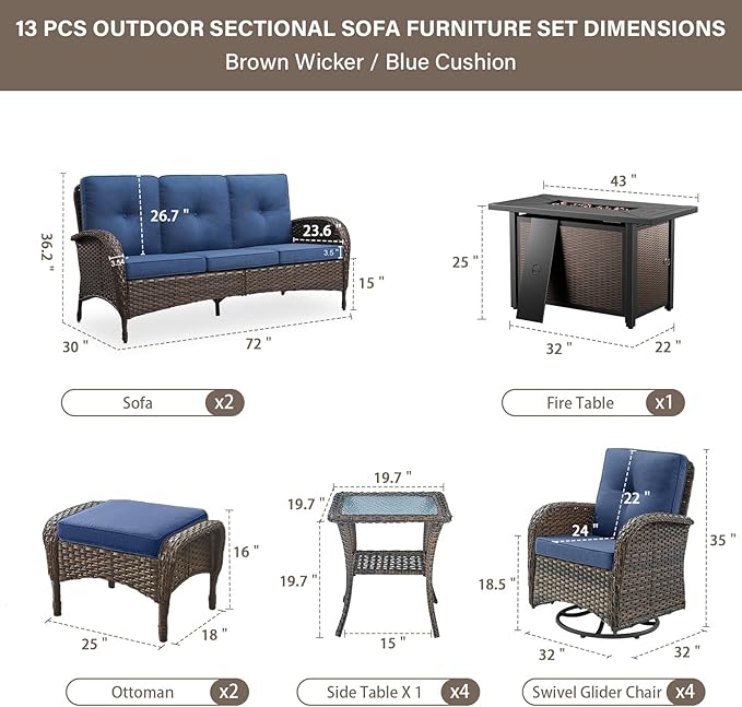Belord Grand 13 Pieces Outdoor Patio Furniture Set with 4 Swivel Glider Chairs and 50000 BTU Propane Fire Pit Table, Patio Conversation Set with Sofa and Wicker Side Table for Big Garden Backyard