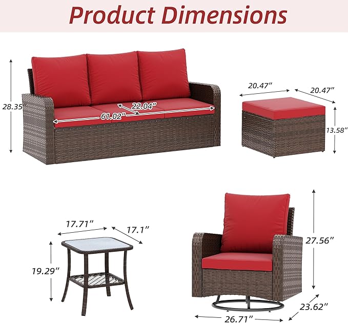 HOMREST 6 Piece Patio Conversation Sets with Sofa Couch, Rattan Wicker Swivel Chairs with 2 Ottoman, Coffee Table & Cushions, Outdoor Furniture Sets for Garden, Poolside, Backyard (Wine Red)