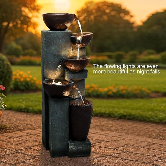 Naturefalls 39.7" Tall Outdoor Water Fountain and Waterfalls - Large Garden Fountain with LED Lights, 5-Tier Cascading, Indoor and Outdoor Fountains for Garden, Patio, Deck, Porch, Backyard and Home