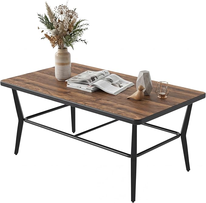 ALAULM Outdoor Coffee Table, 47" Rectangle Metal Patio Coffee Table with DPC Stone-Plastic Top, All-Weather Coffee Table for Patio, Garden, Balcony, Poolside