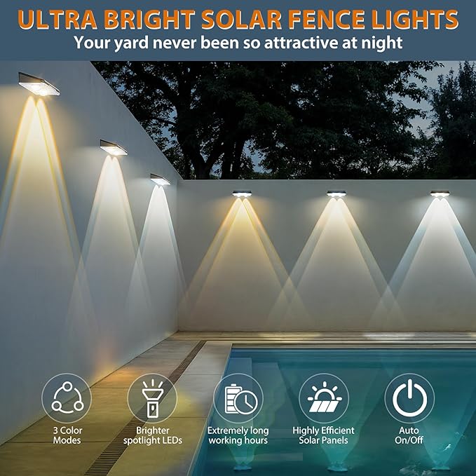 Solar Fence Lights Outdoor-3000/4000/6000K 3 Mode,IP65 Waterproof Solar Powered Lights Outdoor for Backyard/Patio/Fence/Wall/Deck/Step/Porch/Railings/Pool (16pack)