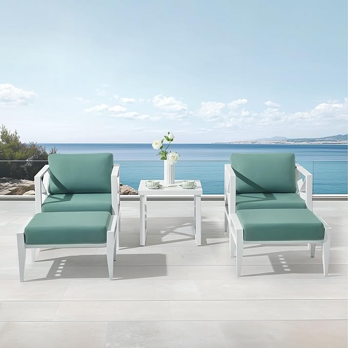 MBY Outdoor Aluminum Patio Furniture Set, 2-Seats Patio Conversation Sofa Set with 1 Coffee Table and 2 Ottomans, All Weather for Pool, Balcony, Garden(White)