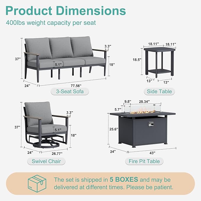 7-Seat Outdoor Patio Furniture Set with Rocking Swivel Chairs, Aluminum Sectional Sofa Patio Conversation Set with 55,000 BTU Fire Pit Table & High Backrest & Thickened Cushions, Grey
