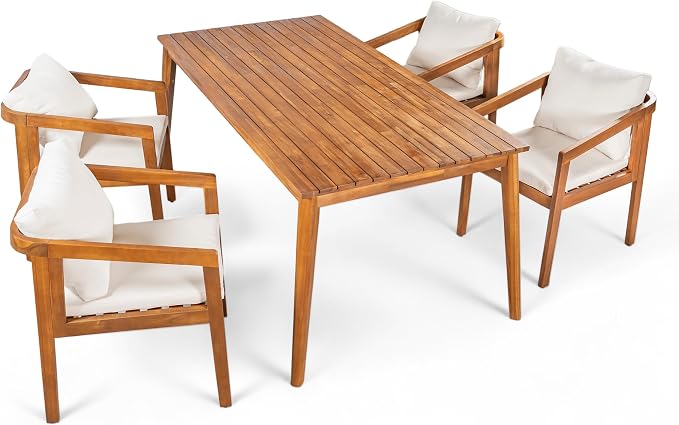 Christopher Knight Home Linda Patio Acacia Wood Dining Table Set for 4, Outdoor Rectangular Dinner Table and Chairs Set with Slatted Panel Design, Outdoor Furniture Set for Garden, Natural