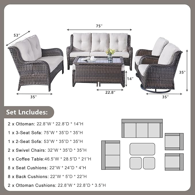 Rilyson Wicker Patio Furniture Set - 7 PC Rattan Outdoor Sectional Conversation Sets with 2 Rocking Swivel Chairs,2 Ottomans,1 Sofa,1 Loveseat and 1 Coffee Table for Porch Deck(Brown/Beige)