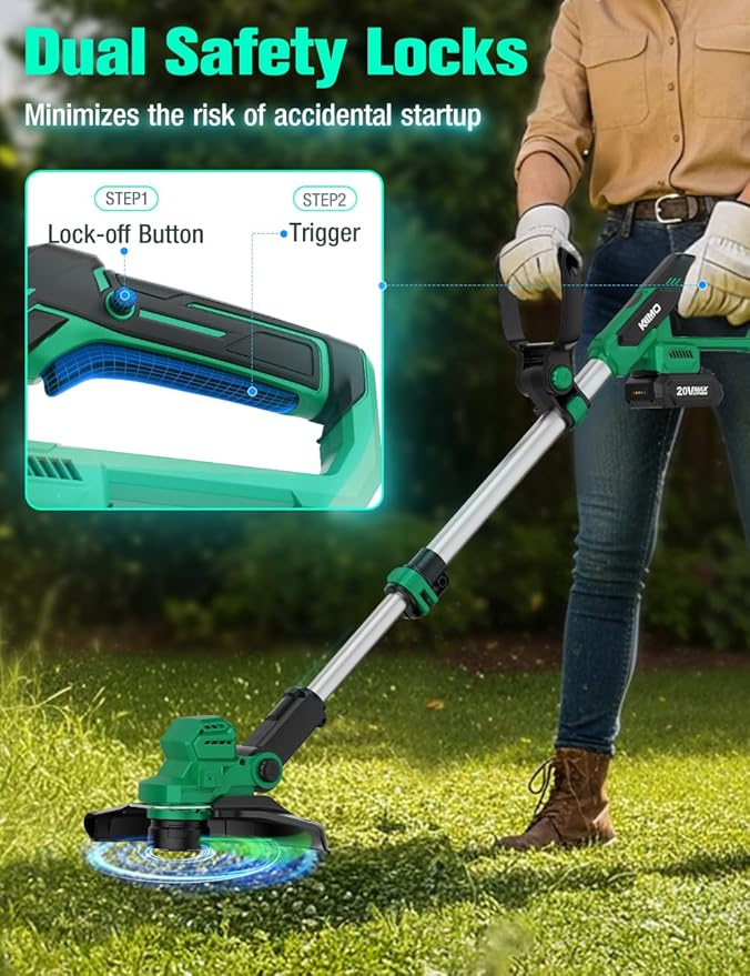 KIMO 12 Inch Cordless Weed Wacker Battery Operated w/ 2 x 2.0Ah Batteries, 2-in-1 String Trimmer & Edger with Charger & Wheels, 6pcs Replacement Spools, Fast Charger