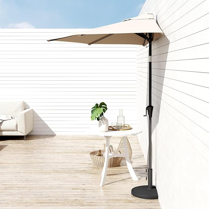 Helios&Hestia 9 ft Small Half Round Wall Outdoor Market Patio Umbrella with Tilt and Crank for Garden, Deck, Balcony