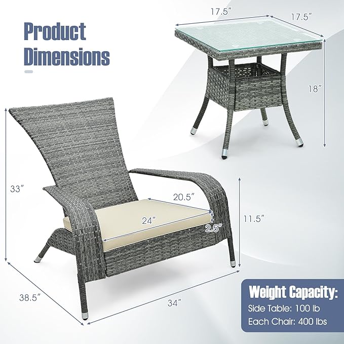 Tangkula 3-Piece Wicker Adirondack Set, Ergonomic Oversized Rattan Chairs w/Coffee Table, Comfy Seat Cushions, Tempered Glass Tabletop, Patio Conversation Set for Porch (Wicker, 3-pc)