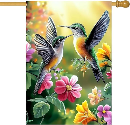 House Flags for Outside 28 x 40 Double Sided, Burlap Large Spring Summer Garden Flag Hummingbird Flowers Outdoor Flags Seasonal Farmhouse Yard Patio Porch Décor