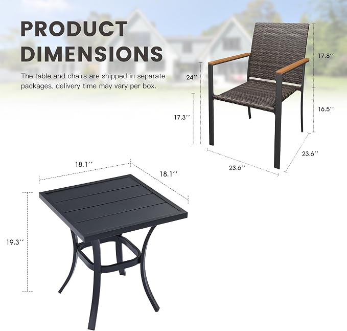 Patio Dining Set for 2, 18.1" Square Metal Patio Side Table and Stackable Wicker Patio Chairs, Outdoor Furniture Set for Porch Garden, Walnut Chairs, Black Table