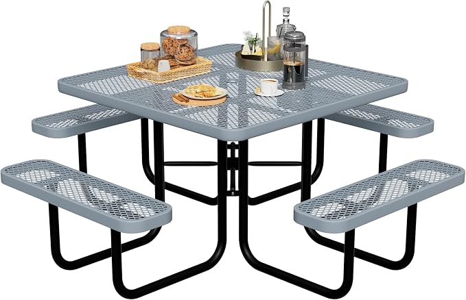 All-Weather Square Outdoor Picnic Table, Commercial Picnic Table Bench Set with Umbrella Hole, Thermoplastic Coated Metal Dining Tables for School, Stores, Park, Patio, Yard, Grey